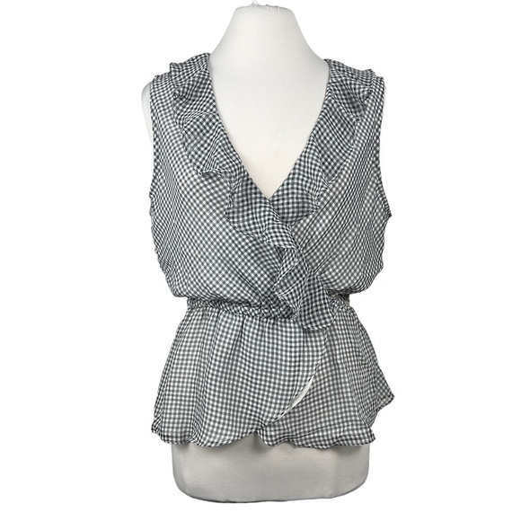 MAX Studio Surplice Wrap Ruffle Trim Sleeveless Blouse Gingham Poly Chiffon - Picture 1 of 9